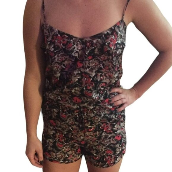 UO Kimchi Blue romper red tan abstract print ruffle neck  spaghetti straps XS - Picture 15 of 15